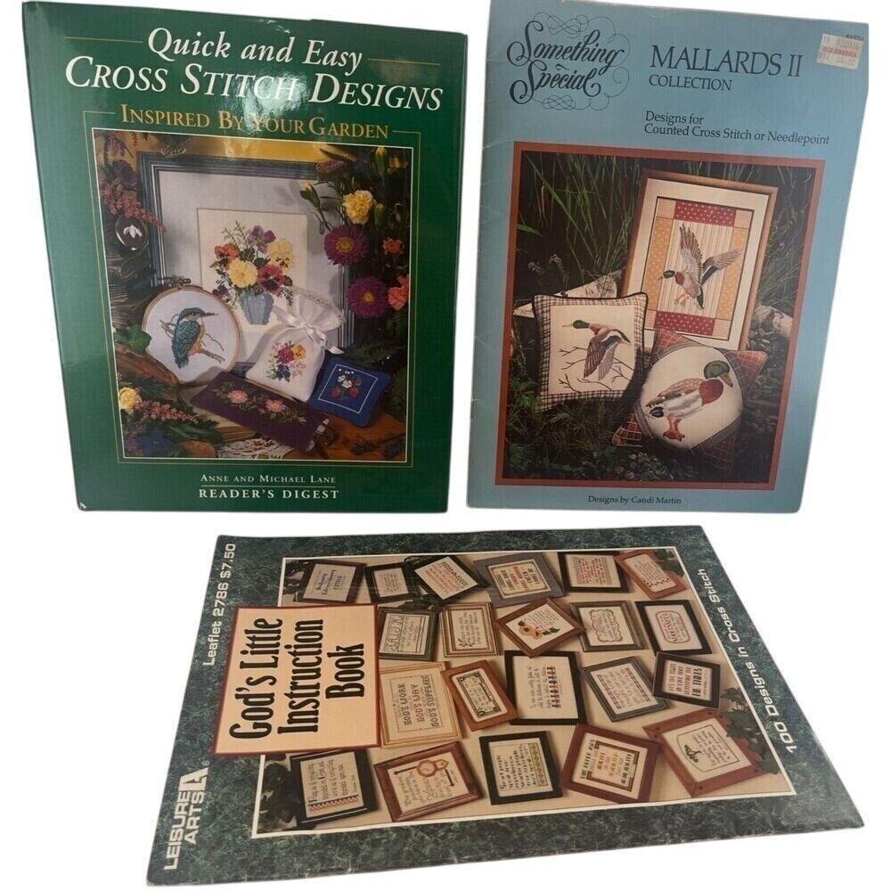 3 VTG Needle Work Pattern Books Mallard Designs, Gods Instruction Book, & Easy